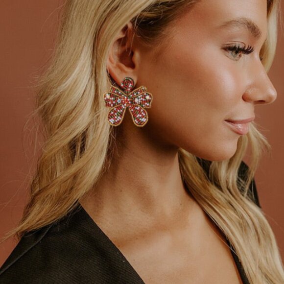 Christmas Ribbon Seed Beaded Statement Gift Colorful Bow Earrings NEW - Picture 2 of 6